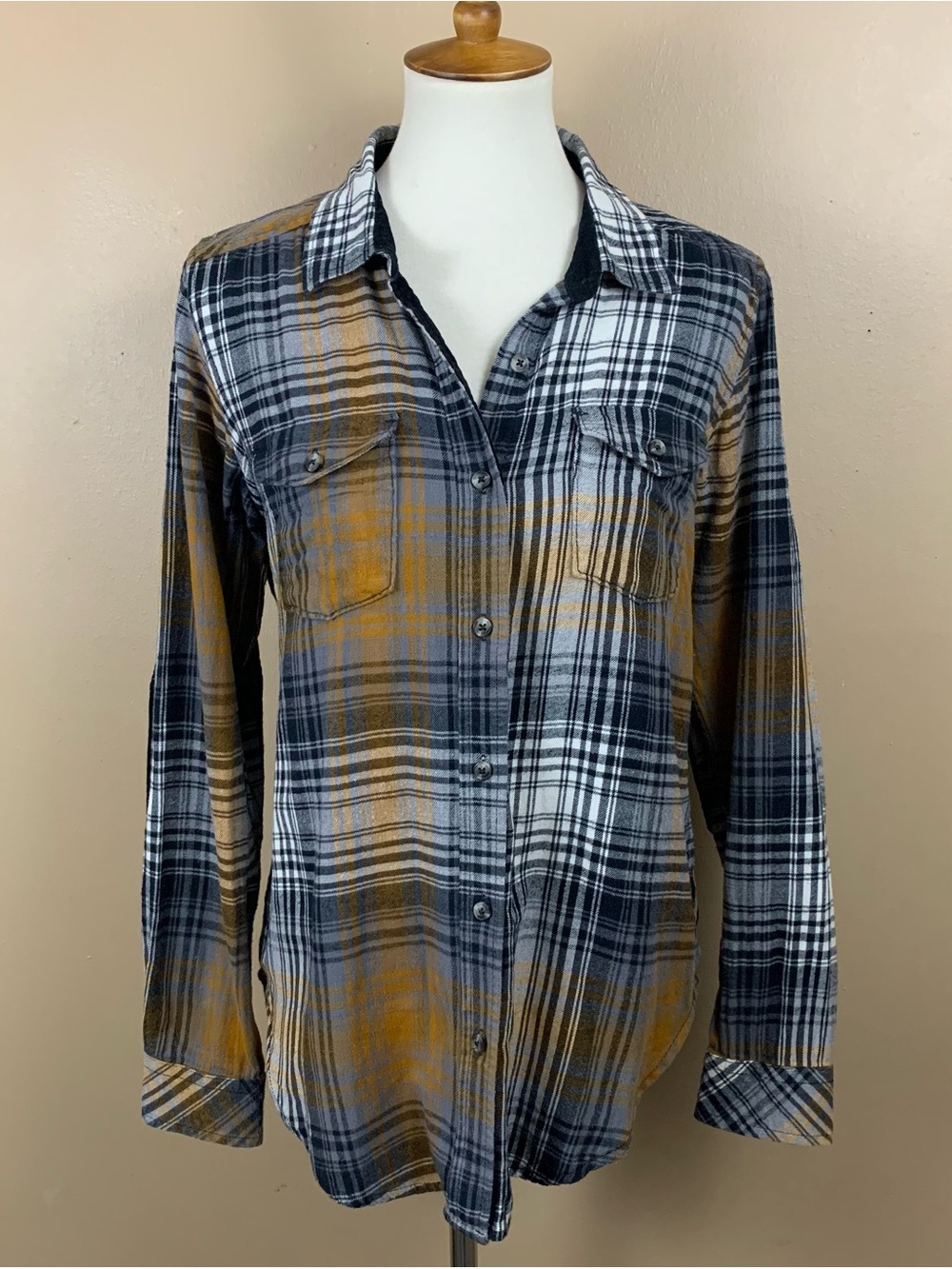 Kavu Shirt Womens Medium Gray Brown Casual Plaid Flannel Elbow Patch Outdoor Top